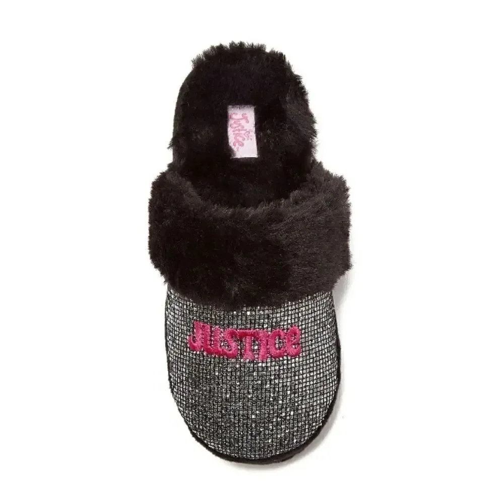 Justice Girls Graphic Slip On Sparkling Scuff Slippers Shoes Size 2/3